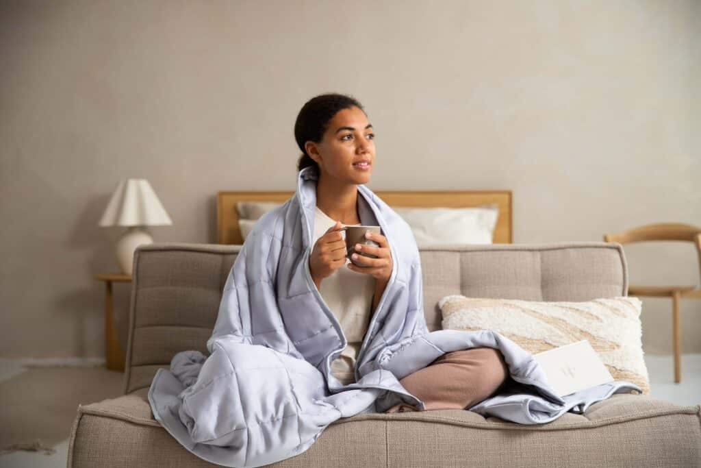 Image of woman wrapped up in a blanket and sipping ahot drink to convey why you need an energy-efficient heat pump